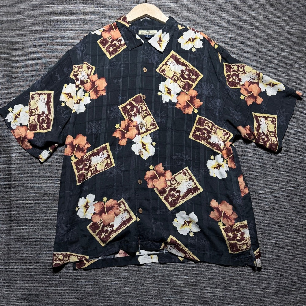 Tommy Bahama Hawaiian Shirt Mens XL Black Floral SS Relax Silk Hibiscus Tropical